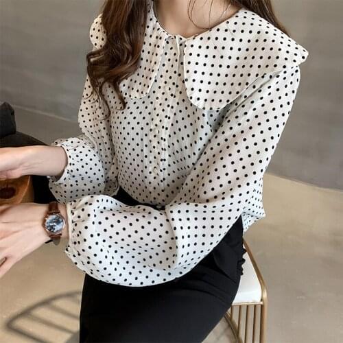 New Womens Shirt Clothes Female Girl Sweet Temperament Peter Pan Collar Wave Point Chiffon Top Female Long Sleeve Blouse H9127