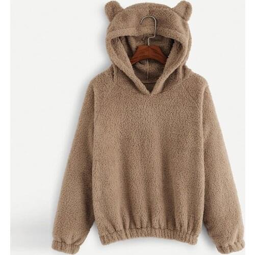 Okkdey 2020 Autumn Winter women Sweatshirt Lovely Bear Ears Solid Color Fleece Hoodies Casual Kawaii Plush Warm SweatshiRT Women