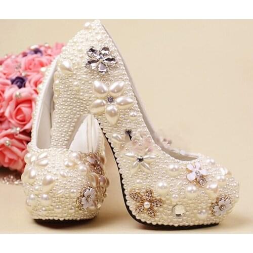 Luxury full White Pearls Formal Dress Shoes ladys formal Jeweled Womens Bridal Evening Wedding Prom Party Bridesmaid shoes