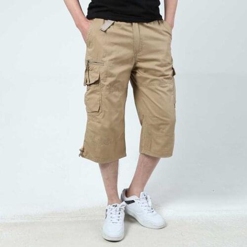 Summer Long Length Cargo Shorts Men Knee Multi Pocket Casual Cotton Elastic Waist Bermudas Male Military Style Hot breeches