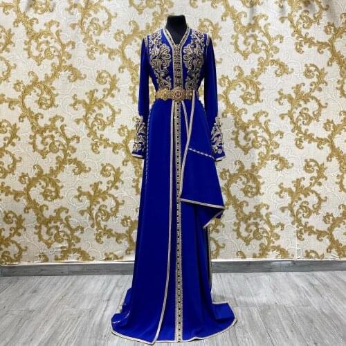 Blue Long Sleeves Moroccan Caftan Evening Dress Special Occasion Dubai Muslim Prom Dress Plus Size Custom Made Applique Dress