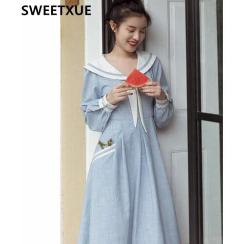 SWEETXUE Blue Navy Collar Preppy Style Dress Vintage Fairy Party Female Elegant 2021 Fashion Sweet Chic Dress Vestido Mujer