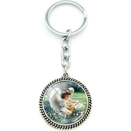 TAFREE Cute Angel Shape Glass Pendant Round Jewelry Glass Gem Cabochon Keychain Metal Keychain For Girl