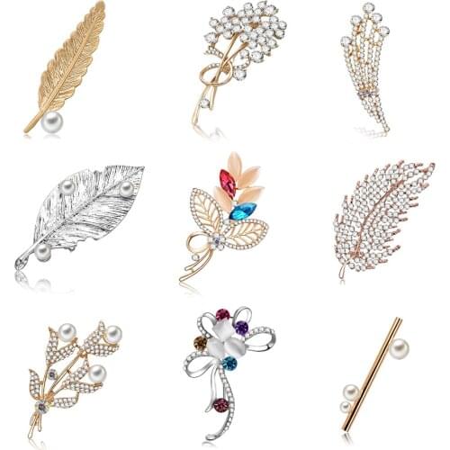 Fashion Gold Silver Plated Leaf Brooch Crystal Pearl Women Brooches for Women Trendy Charm Wedding Fine Accessories Jewelry Gift