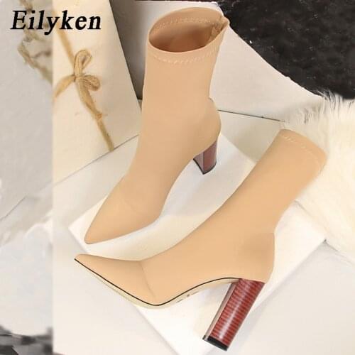 Eilyken Comfort Stretch Women Sock Boots Square High Heel Ankle Boots Fashion Pointed Toe Fall Stretch Shoes Black Big Size 2021