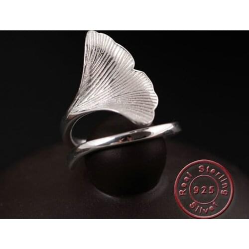 Amxiu Handmade 100% Silver Open Ring Ginkgo Biloba Rings For Women Girls Accessories S925 Hot Rings For Wedding Birthday Gifts
