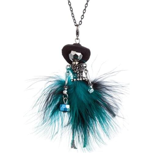 Dark Green Rhinestone Fur Dress Doll Pendant Necklace For Women Cool Paris Girl Handmade Statement Jewelry Collier Femme