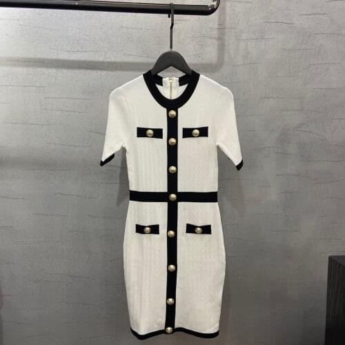 Summer Luxury 2021 Women Patchwork Golden Button Knitted Short Sleeve Dress For Female Ddxgz2 5.13