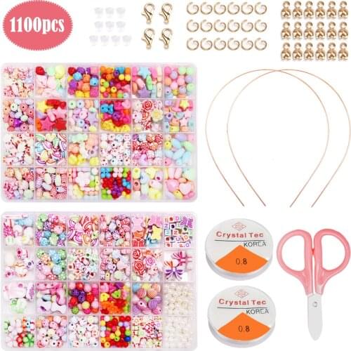 1100pcs Acrylic Crafts Bracelets Beads with Scissors String Hair Hoop for Kids Jewelry Bracelet Necklace Making Supplies