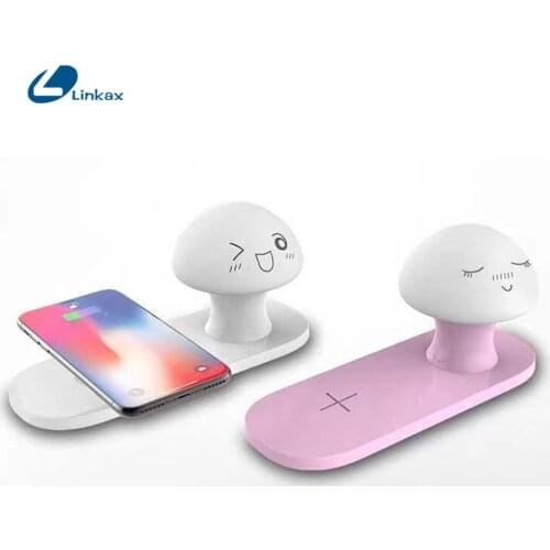 2-in-1 Quick Charge QI Wireless Charger Full Load Charge Pad with Small Mushroom Night Light Decoration for iPhone X XS MAX XR 8