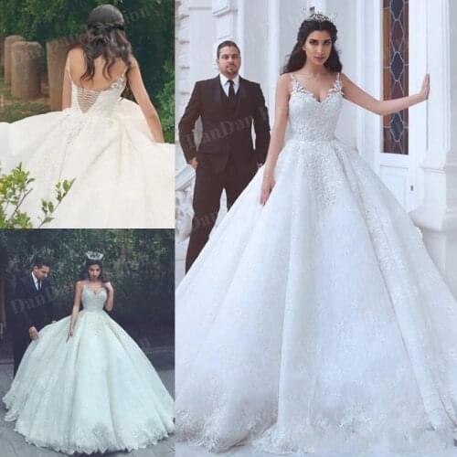 Arabic V Neck Lace Wedding Dresses Cheap Sleeveless Corset Wedding Gowns Court Train Plus Size Custom Made Bridal Dress