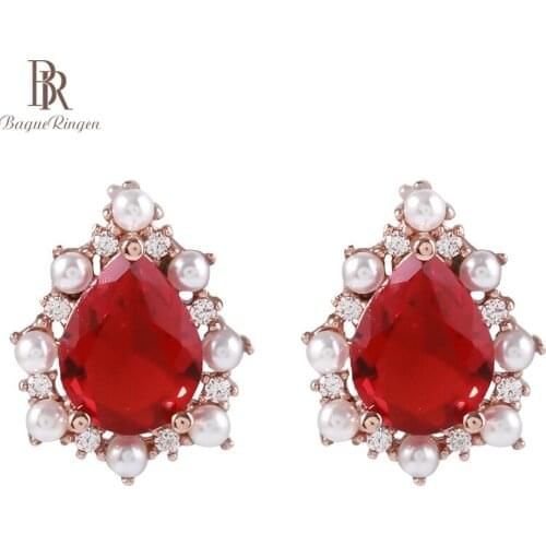 Bague Ringen Women 925 Sterling Silver Earrings Red Zircon Pearl Water Drop Ear Studs Original Fine Jewelry Gemstone Wedding Set