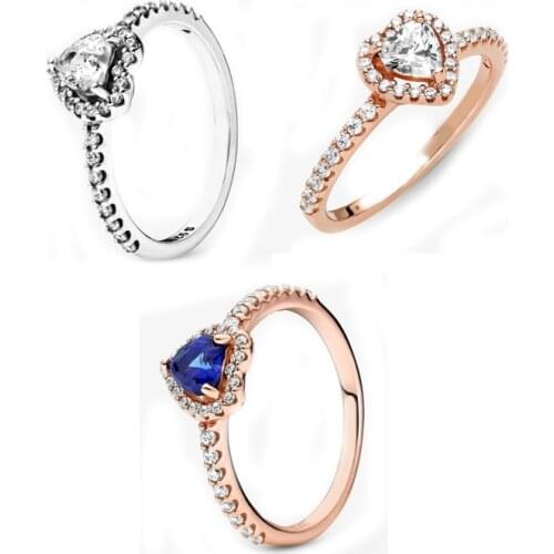 Free shipping Authentic 925 Sterling Silver Sparkling Elevated Heart Rings For Women DIY Jewelry S925 Blue Cubic Zirconia Ring