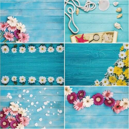 Wooden Board Backdrop Blue Planks and Beauty Flowers Photography Background Baby Shower Celebration Photo Booth Studio Decor
