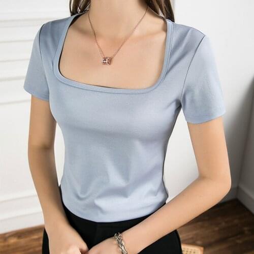Women Soft Cotton T-shirt Square collar Solid color Lady Tees Short Sleeve Summer Womens clothings All match Female T-shirts