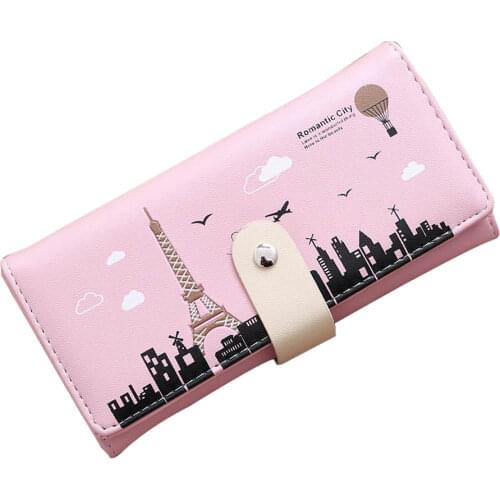 Korean Women Long Purse PU Leather Cartoon Tower Printing Wallet Card Holder Lady Clutch Money Bag New