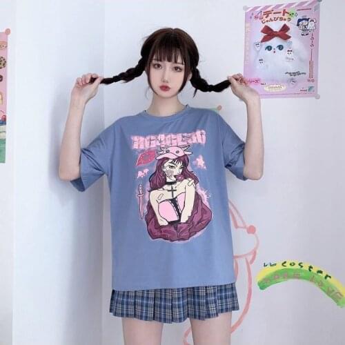 Summer Crew Neck Anime Harajuku Womens T-shirt Short Sleeve Oversized Girls' Top Vintage Aesthetic Clothing 90s Tee Shirt
