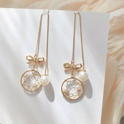 Fashion Retro Pearl Bow Dream Catcher Pendant Drop Earrings Gold Color Bowknot Long Ear Line Women Jewelry Gift