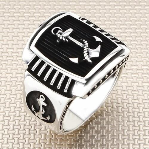 Sterling Silver Rectangle Anchor with Chain Men Ring Sailor Accessories Handmade Oxidized Accessory For Men Made in Turkey