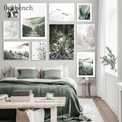 Grass Lake Wall Art Posters Flower Reeds Print Foggy Forest Canvas Poster Landscape Painting Nordic Wall Pictures Home Decor