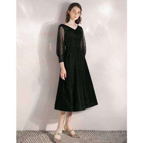 New arrival black half sleeve mid calf lady girl women princess bridesmaid banquet party ball dress gow