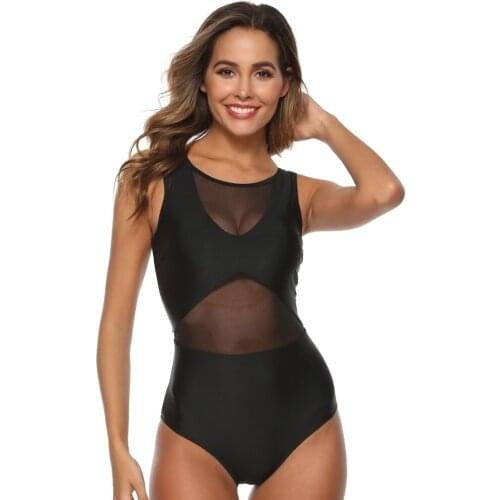 New Sexy Splicing Mesh One Piece Swimsuit Women Push Up Swimwear Scoop Neck Monokini Padded Bathing Suit Swimming Suit Bodysuit