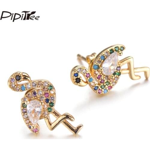Pipitree Delicate Trendy Flamingo Earrings Copper Cubic Zirconia Crystal Ear Stud Earrings for Women Lady Girls Jewelry Brincos