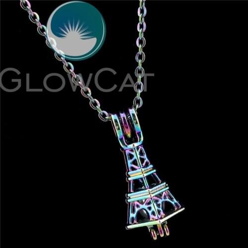 R-C527 Rainbow Colors Eiffel Tower Beads Cage Pendant Perfume Diffuser Aromatherapy Oyster Pearl Cage Locket Necklace