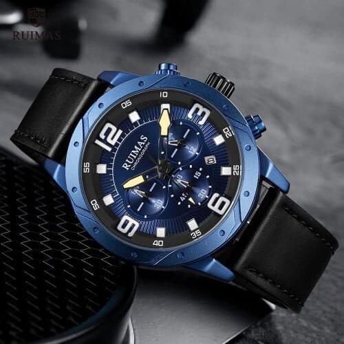 RUIMAS Mens Chronograph Watches Luxury Leather Strap Analog Wristwatch Man Top Brand Waterproof Watch Male Relogios Clock 595