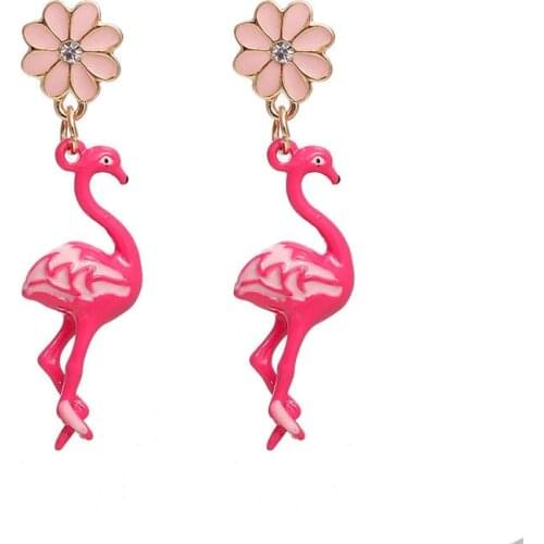 DoreenBeads Earrings Gold Color Pink Flamingo Flower Clear Rhinestone Enamel 47*11mm Post/ Wire Size: (21 gauge), 1 Pair