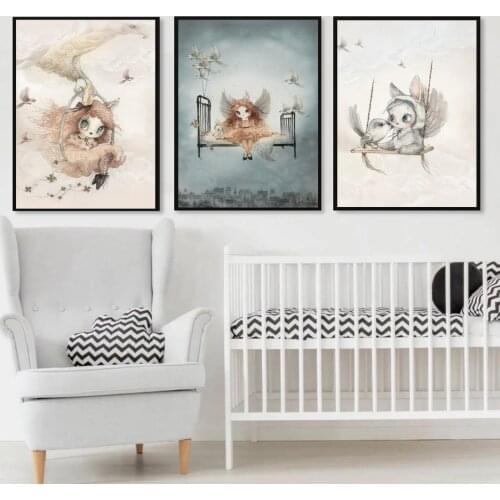 Modern Angel Rabbit Girls Cartoon Canvas Painting Calligraphy Spray Color Art Poster Kids Baby Nursery Room Scandinavian Murals
