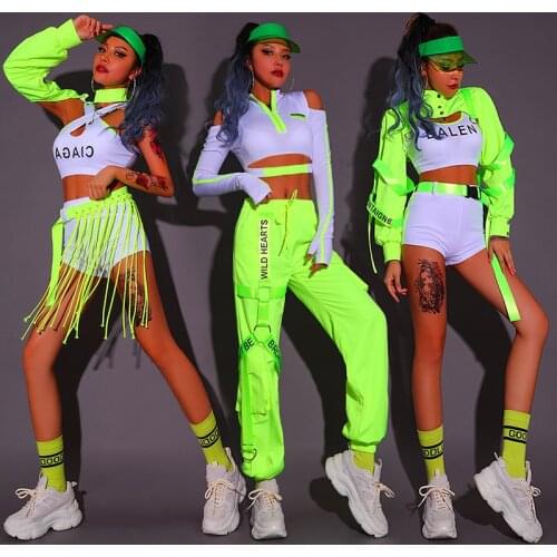 New Pole Dance Clothes Women Fluorescent Green Hip Hop Dance Costumes Suit Sexy Nightclub Female Dj Stage Costumes DQS6035
