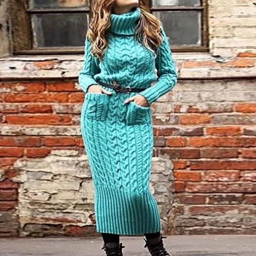 Women Turtleneck Long Sleeve Pullover Sweater Dress Loose Tunic Warm Knitted Casual Loose Big Solid Color Dresses Sweater Woman