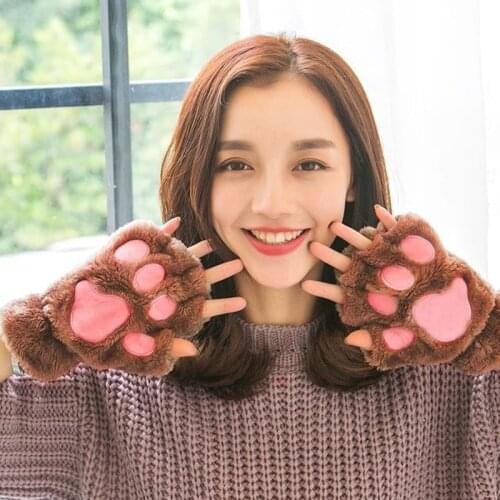 Women Winter Warm Half Finger Gloves Cute Cartoon Cat Paw Embroidery Anime Kitten Thicken Fuzzy Plush Fingerless Mittens
