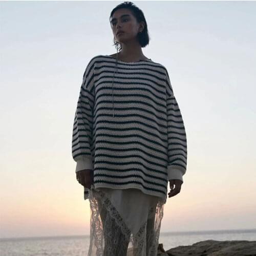 Nlzgmsj Za Women 2021 Autumn Stripe Loose Knitted Sweater Vintage O Neck Long Sleeve Female Pullovers Chic Tops 202108