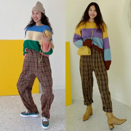 2021 Loose base sweet early autumn color stripe contrast color South Korea warm soft waxy waxy knit sweater women