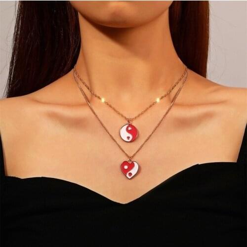 Punk Love Heart Pendant Necklace Vintage Round Colorful Gossip Double Layer Necklaces for Women Fashion Hip Hop Jewelry Chain