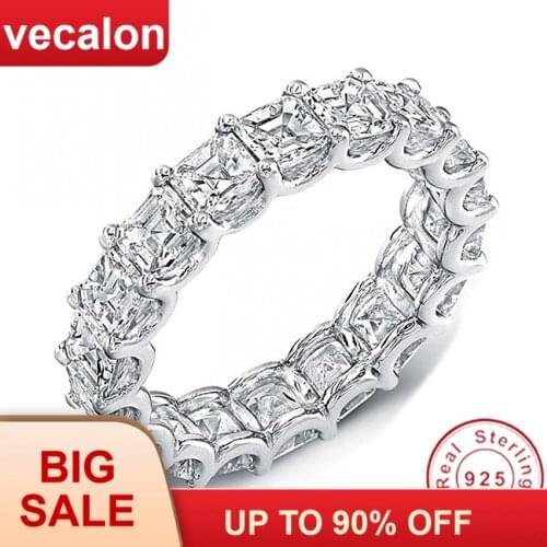 Vecalon Women Wedding Bands Ring 925 Sterling Silver Princess cut 4mm 5A Zircon Cz Engagement rings for women Finger Jewelry