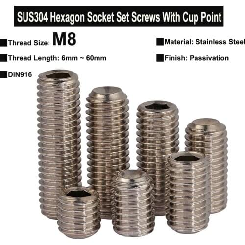 10/5/2Pcs M8x6mm~60mm SUS304 Stainless Steel Hexagon Socket Set Screws With Cup Point Headless Screws Grub Screws DIN916