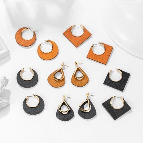 2020 Vintage Boho Geometric Wooden Drop Dangle Earrings For Women Gold Fashion Statement Brown Earrings Female Ethnic Jewelry
