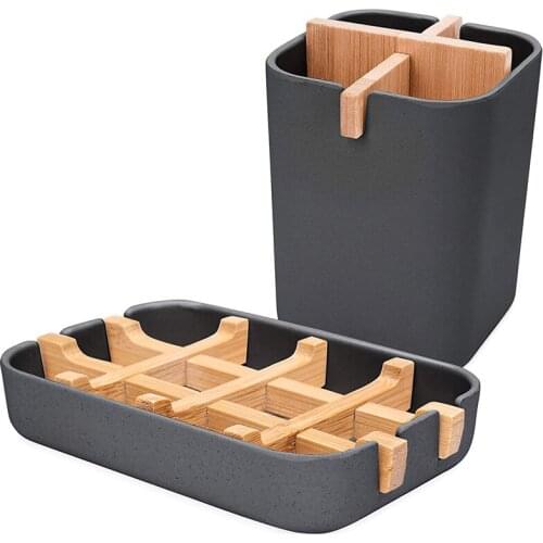 Bamboo Soap Holder and Toothbrush Holder Bundle -Natural Durable Soap Dish and Toothbrush Caddy - Eco Friendly Mould