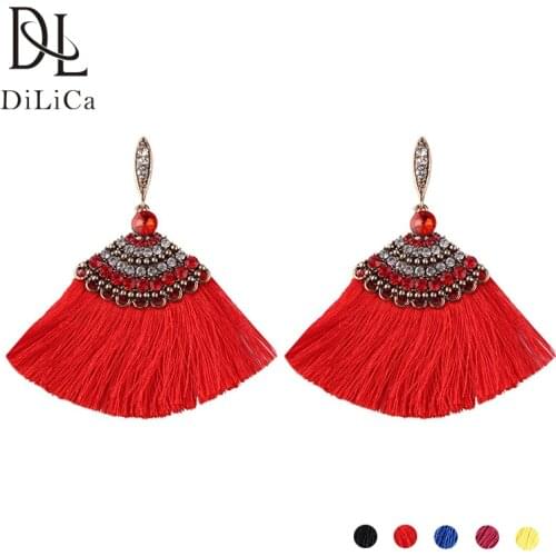 DiLiCa Bohemian Fringe Earrings for Women Ethnic Boho Tassel Earrings Female Rhinestone Statement Dangle Earring Jewelry aretes