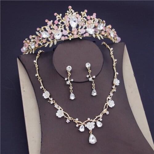 Baroque Flower Crystal Bridal Jewelry Sets for Women Luxury Rhinestone Tiaras Crown Necklace Earrings Wedding Jewelry Set