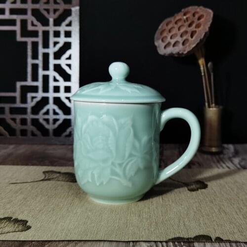 Chinese Teacup Coffee Mug Teacups 13oz Mugs with Lid Porcelain Cups Embossed with Peony Celadons Microwave and Dishwasher Safe