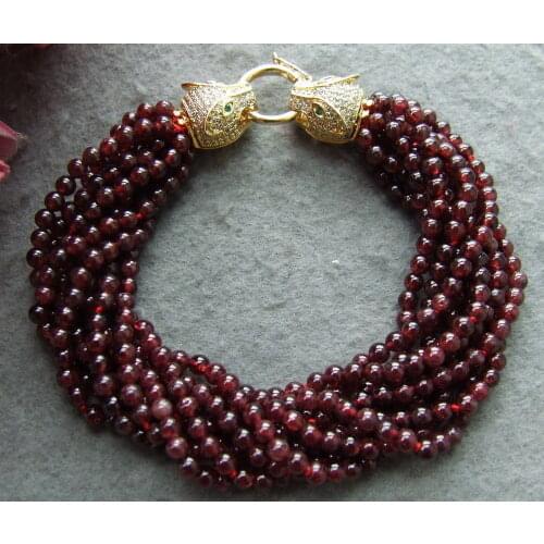 10 Strds natural 4mm Garnet round Bracelet-Zircon clasp