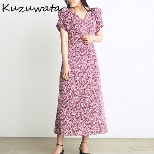 Kuzuwata 2021 Autumn Vintage Temperament Women Vestidos Printed V Neck Puff Sleeve High Waist Drawstring Dresses Slim Robe