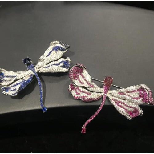 Insect copper with cubic zircon dragonfly brooch fashion women jewelry blue red color free shipping