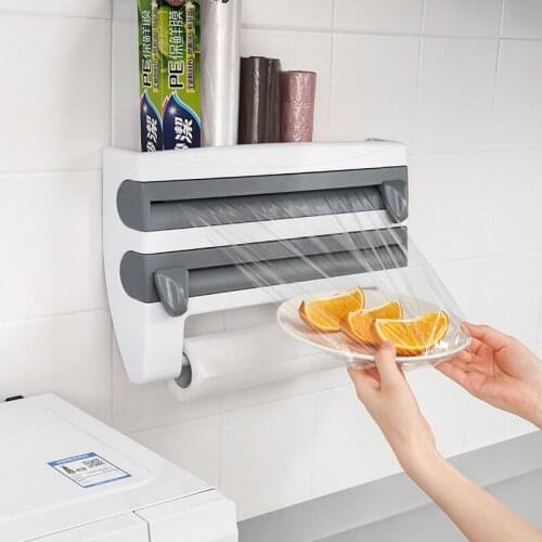 Wall-Mount Paper Towel Holder Sauce Bottle Rack 4 In 1 Cling Film Cutting Holder Mutifunction Kitchen Organizer