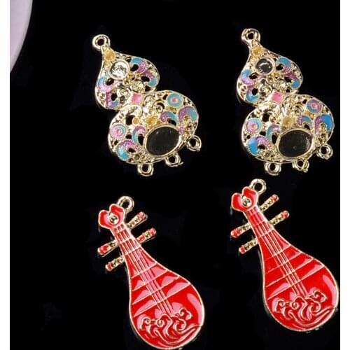 Chinese Lute Charm Pendant 10pcs Vintage Jewelry Makings Connector with many holes Red Enamel Charms Accessories Findings