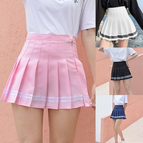 Hot kf-High Waist Womens Skirts Striped Pleated Skirt Elastic Waist Female Skirts Sweet Mini Skirts Dance Skirt